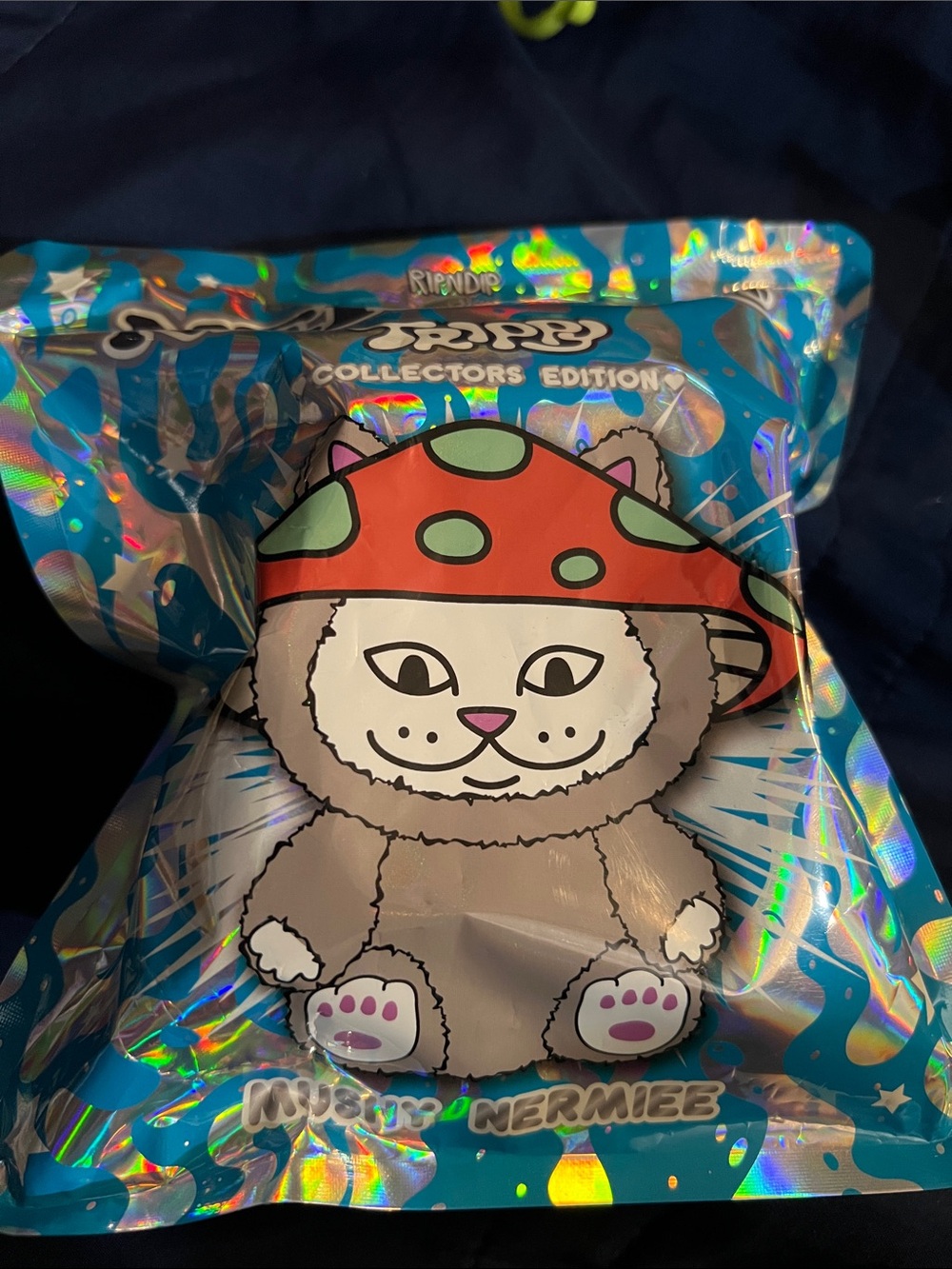 Ripndip Brown Cat Plush with Red and Green Mushroom Hat Mushy Nermiee